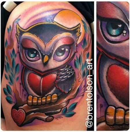 Brent Olson - traditional color owl tattoo, Brent Olson Art Junkies Tattoo